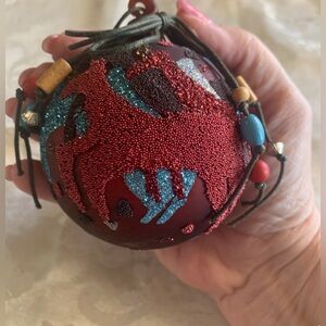 Vintage Burgundy Glass Ornament with Beaded Horses